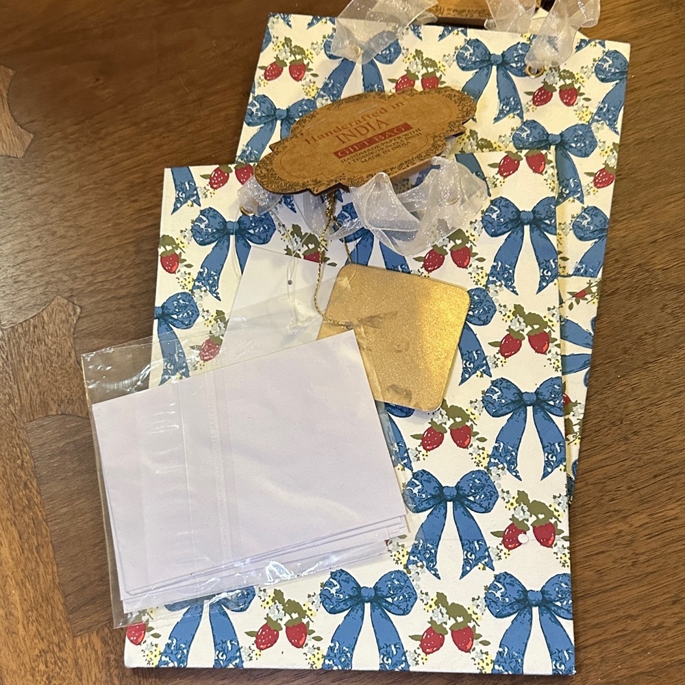Made in India blue bow and strawberry gift bag with tissue paper